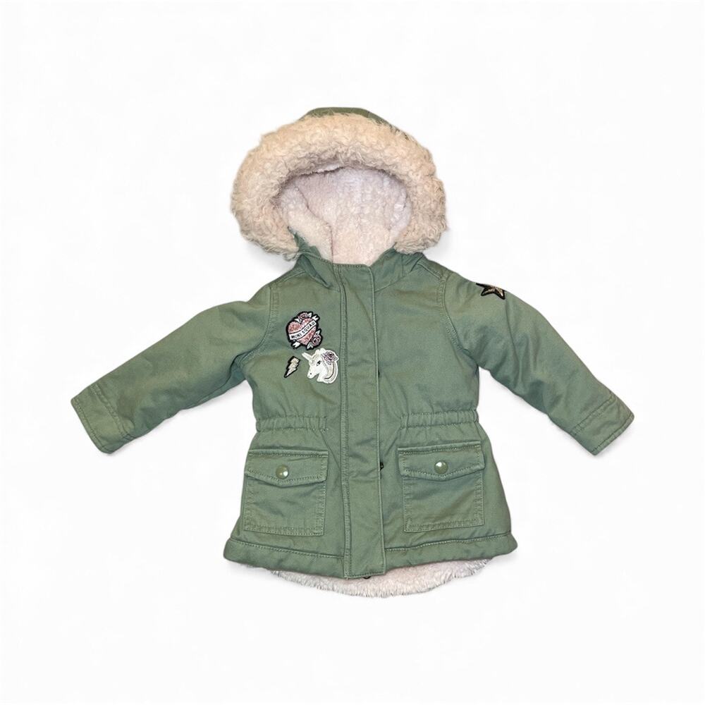 Children’s Place Girls 18–24M Sherpa Lined Parka Jacket Unicorn Mini Squad Green